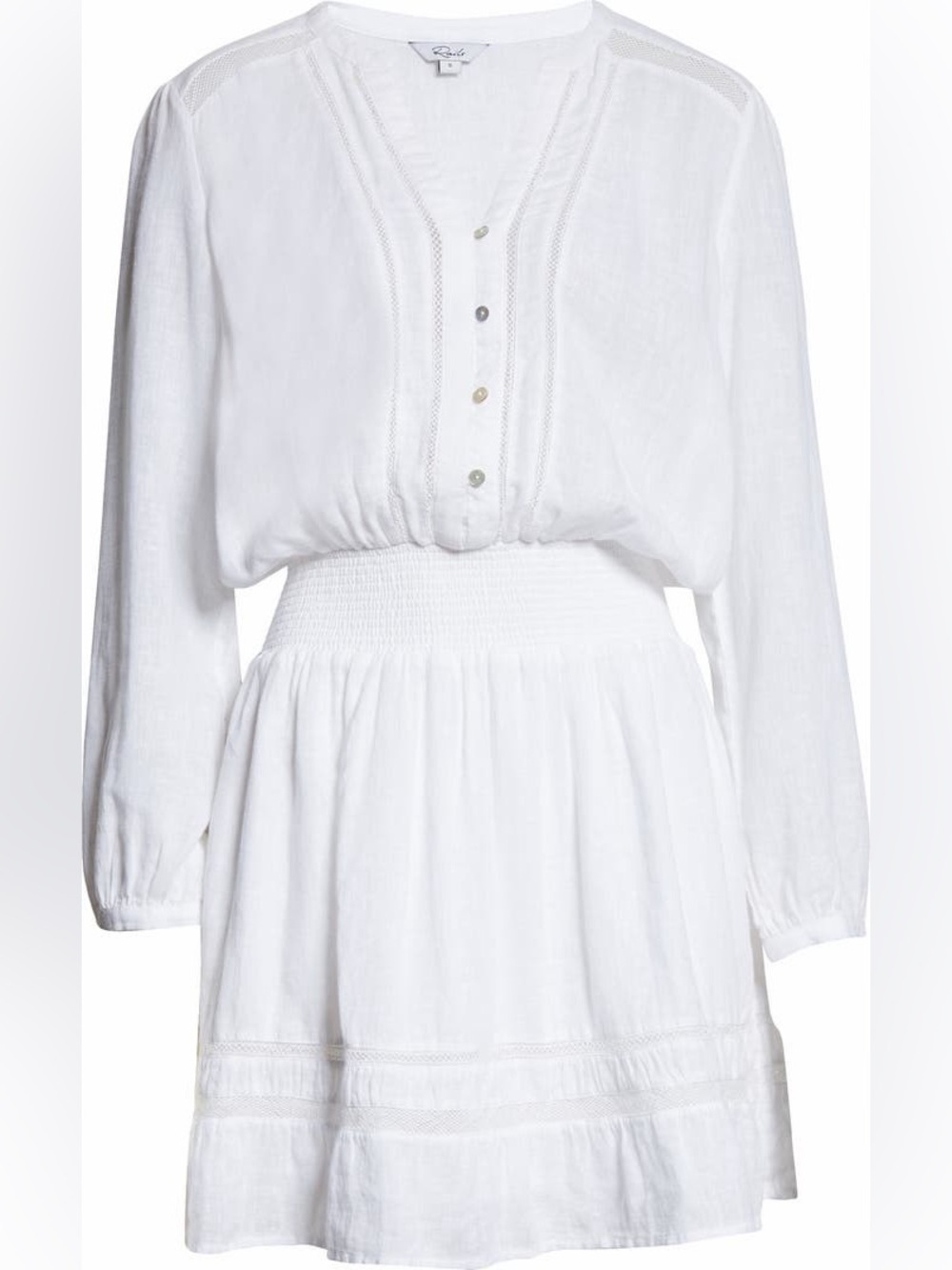 Rails Jasmine Smocked Waist Long Sleeve Dress White Lace Detail (S)